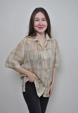 Casual plaid blouse, vintage check print button up shirt