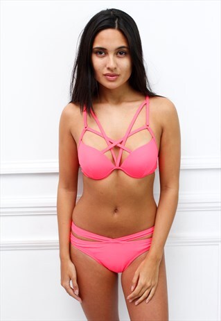 WOMENS LADIES STRAPPY NEON CORAL BIKINI