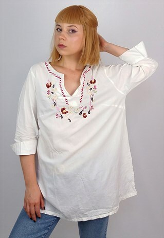 VINTAGE 80'S EMBROIDERY TUNIC BLOUSE / TOP