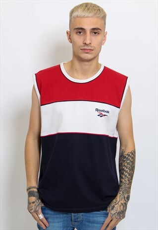 VINTAGE REEBOK VEST T-SHIRT IN RED, BLUE WHITE MEDIUM