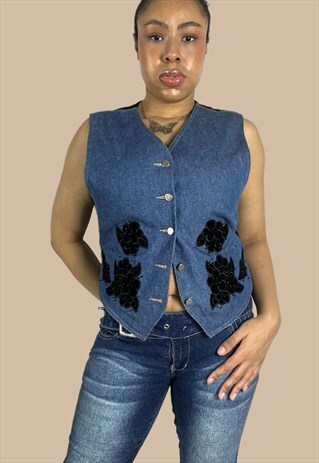 VINTAGE 90S DENIM VEST WITH EMBROIDERED AND BEADED DESIGN 