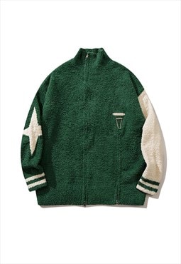 Fleece track jacket fluffy jumper varsity zip up top green