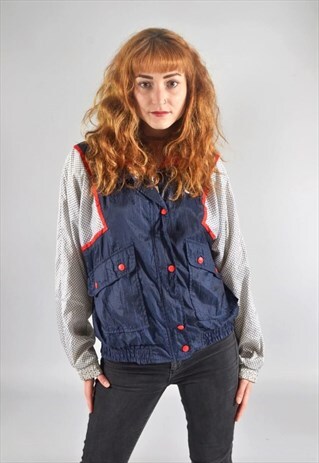 VINTAGE ELLESSE CHECKED SILKY BOMBER JACKET NAVY BLUE