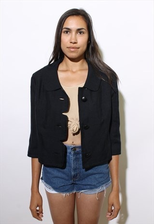 VINTAGE 1950'S 50'S SCALLOPED NAVY BLUE SILK BOXY JACKET S-M