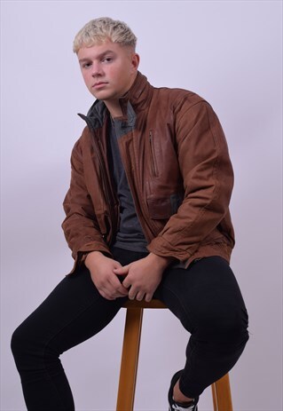 VINTAGE 90'S BROWN SOFT LEATHER BOMBER JACKET SIZE MEDIUM