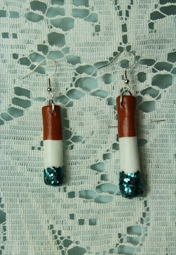 Hand Made Clay Cigarette Earrings With Blue Glitter 