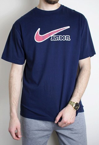 VINTAGE NIKE SWOOSH T-SHIRT NAVY JUST DO IT MENS LARGE