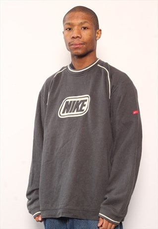 VINTAGE NIKE BIG SPELL OUT LOGO SWEATSHIRT GREY BLUE