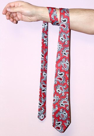 VINTAGE 90S RED AND WHITE PAISLEY PRINT FORMAL TIE