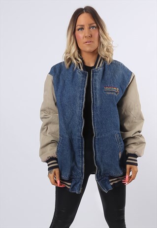 VARSITY DENIM BOMBER JACKET FITTED OVERSIZED UK 18-20 (MTH)