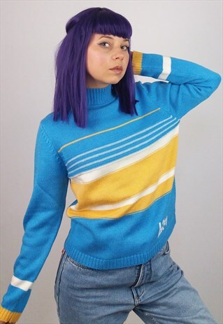 VINTAGE HIGH NECK STRIPED WOOL KNIT SWEATER BLUE YELLOW