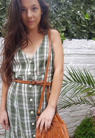 VINTAGE GREEN AND WHITE GRUNGE CHECKED MAXI DRESS