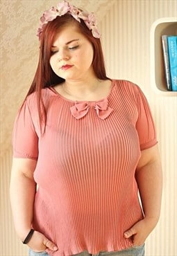 Coral pink pleated short sleeve vintage top blouse