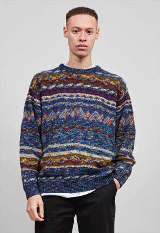 VINTAGE 90'S MULTI COLOURED PATTERNED CREW NECK KNIT JUMPER