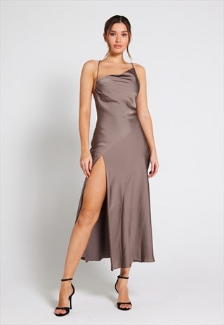 MILA ASYMMETRIC COWL NECK SATIN SLIP DRESS - TAUPE