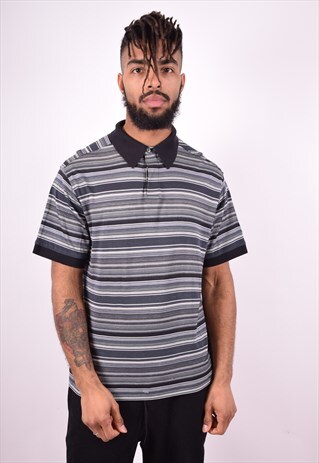 FILA MENS VINTAGE POLO SHIRT MEDIUM GREY STRIPES 90'S