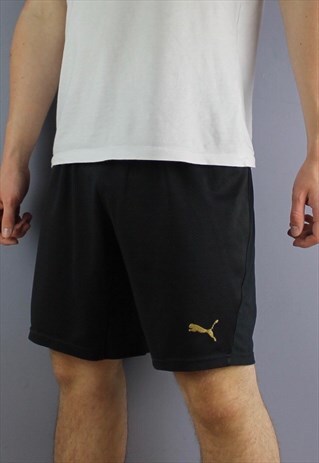 VINTAGE PUMA SHORTS IN BLACK WITH PRINT LOGO AND MISSING DRA