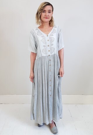 VINTAGE 90'S GREY EMBROIDERED BUTTONED BOHO DRESS