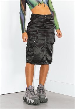 Y2k Satin Cargo Black Midi Skirt with Multi pockets