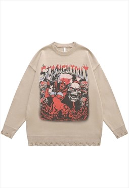 Devil print sweater ripped jumper sheer Gothic top in beige