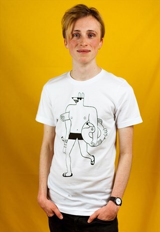 BEACH HUNK SCREEN PRINTED GRAPHIC WHITE T-SHIRT