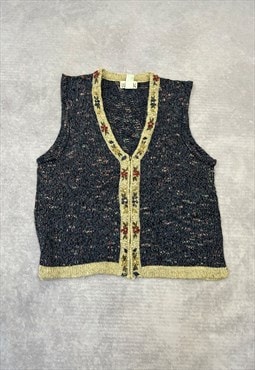 Vintage Knitted Sweater Vest Flower Patterned Zip Up Knit