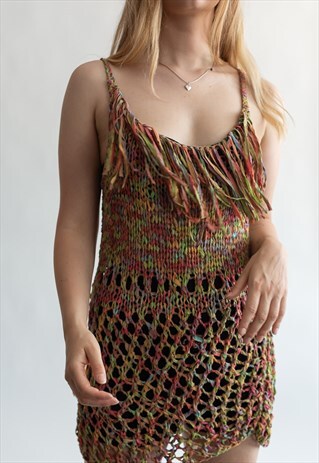 VINTAGE 80S FUNKY FRINGE CROCHET DRESS IN MULTICOLOR