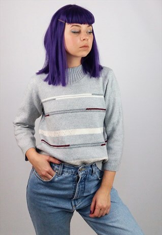VINTAGE 80'S RETRO PATTERN CROP SWEATER GREY