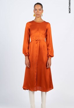 Orange satin long dress with round neckline and long sleeves