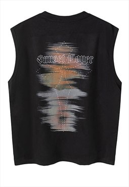 Sunset print tank top surfer vest sleeveless cross t-shirt