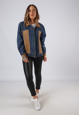 VINTAGE DENIM JACKET OVERSIZED FITTED LEATHER UK 14 (O1Z)