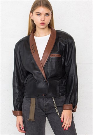 VINTAGE BLACK AND BROWN LEATHER JACKET