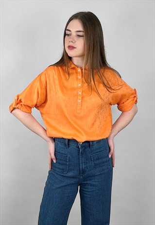 70's Vintage Orange Long Short Sleeve Floral Ladies Blouse