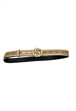 Gucci GG Belt Gold Beige Canvas Leather Logo Buckle Small 32