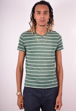 NAUTICA MENS VINTAGE T-SHIRT TOP SMALL GREEN STRIPES 90S