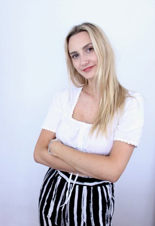 VINTAGE 90S CROPPED MILKMAID PUFF SLEEVE CROP TOP WHITE