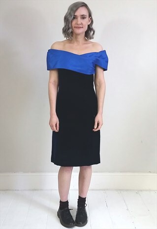 VINTAGE 80'S BLUE VELVET OFF SHOULDER MINI DRESS