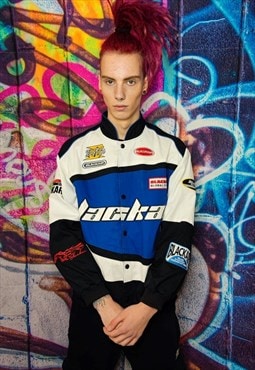 Motorcycle jacket multi patch padded racing bomber in blue