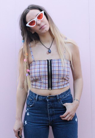PASTEL CHECKED ZIP UP CROP TOP
