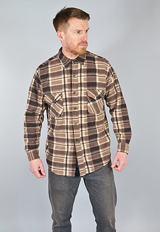VINTAGE THICK BROWN CHECKED FLEECE SHIRT