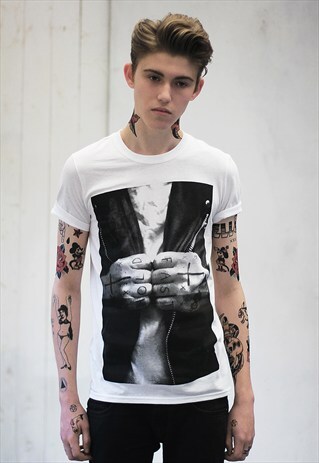 ART DISCO 'HOLD FAST' CREW NECK PRINTED T-SHIRT IN WHITE