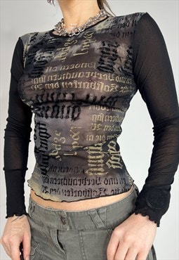 Vintage Y2k Mesh Top Long Sleeves Graphic Grunge Sheer 90s