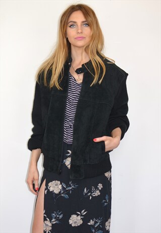 VINTAGE 90S BLACK SUEDE & KNITTED SLEEVES BOMBER JACKET