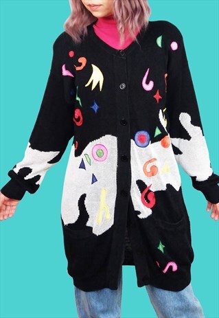 VINTAGE 80'S RETRO OVERSIZED KNIT CARDIGAN CRAZY PATTERN