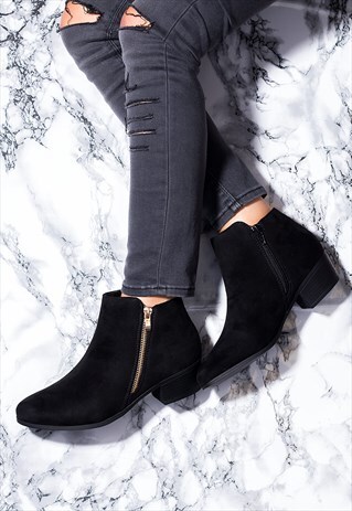 FRANKY ZIP BLOCK HEEL ANKLE BOOTS SHOES - BLACK SUEDE STYLE