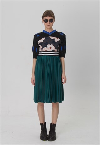 REWORKED PLEATED 90S SPORTY BASEBALL DRESS, FLORAL, STRIPES
