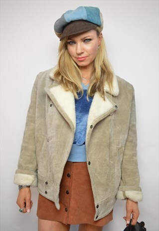 80S BEIGE SUEDE & CREAM FLEECE LINED SHEEPSKIN BOMBER COAT