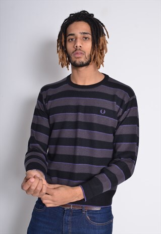 VINTAGE FRED PERRY STRIPED SWEATER JUMPER GREY