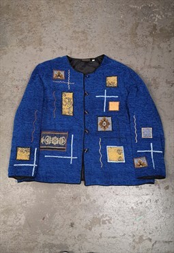 Vintage Patterned Cardigan Abstract Blue Embroidery Patches