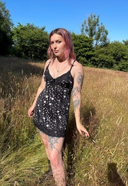 Vintage 90s Black Satin Lace Star Print Summer Slip Dress